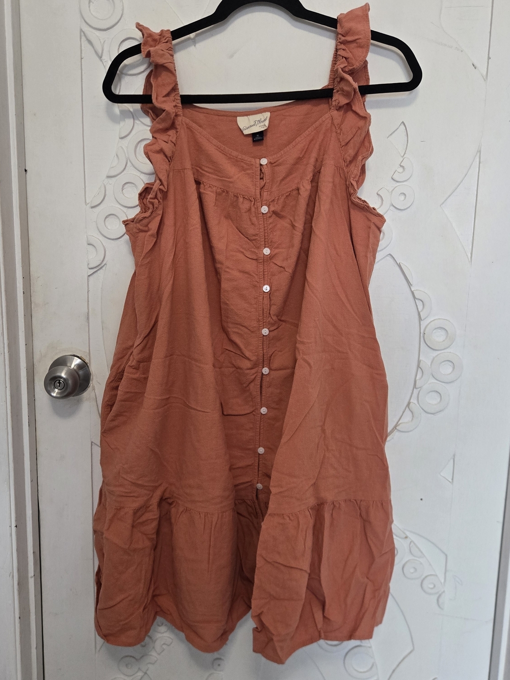 Universal Thread Ruffle-Shoulder Button Front Dress in Rust